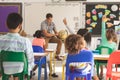 Schoolteacher learning at his pupils the earth globe