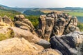 Schrammsteine sandstone towers at sunset, Elbe valley, Bad Schandau, Germany, Europe