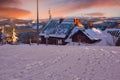 Schronisko PTTK na Wielkiej Raczy during winter sunset on Beskidzie Zywieckim