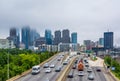 The Schuylkill Expressway and Center City skyline in fog, in Philadelphia, Pennsylvania