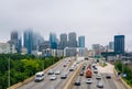 The Schuylkill Expressway and Center City skyline in fog, in Philadelphia, Pennsylvania