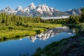 Schwabacher Landing in the early morning in Grand Teton National Park, with mountain reflections on the water creek