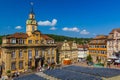 SCHWABISCH HALL, GERMANY - AUGUST 30, 2019: Town hall at Marktplatz (Market Square) in Schwabisch Hall, Germa Royalty Free Stock Photo