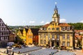 SCHWABISCH HALL, GERMANY - AUGUST 30, 2019: Town hall at Marktplatz (Market Square) in Schwabisch Hall, Germa Royalty Free Stock Photo