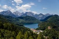 Schwangau, Bavaria, Germany, 3 July 2022: view from castle Neuschwanstein in Alps, lake Alpsee and Schwansee near small village, Royalty Free Stock Photo