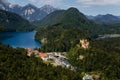 Schwangau, Bavaria, Germany, 3 July 2022: view from castle Neuschwanstein in Alps, lake Alpsee and Schwansee near small village, Royalty Free Stock Photo