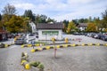 SCHWANGAU, GERMANY - OKTOBER 09, 2018: Parking for cars with yellow borders in tourist place in Alps