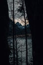 Schwarzen lake surrounded by mountains behind growing trees