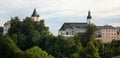 Schwarzenberg, Germany - June 8, 2023: Schwarzenberg Castle and St. George\'s Church in large county town of Schwarzenberg in Royalty Free Stock Photo