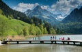 Schwarzsee, FR / Switzerland - 1 June 2019: tourist people enjoy a visit to Lake Schwarzsee in Fribourg as a family vacation