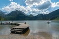 Schwarzsee, FR / Switzerland - 1 June 2019: tourist people enjoy a visit to Lake Schwarzsee in Fribourg as a family vacation