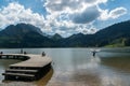 Schwarzsee, FR / Switzerland - 1 June 2019: tourist people enjoy a visit to Lake Schwarzsee in Fribourg as a family vacation