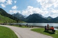 Schwarzsee, FR / Switzerland - 1 June 2019: tourists enjoy a day out on the shores of Schwarzsee Lake in Fribourg