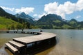 Schwarzsee, FR / Switzerland - 1 June 2019: two men best friends enjoy the summer lakeside view at the Schwarzsee Lake in the