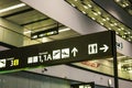 Schwechat, Austria - April 22, 2019: Navigation signs at terminal 3 building of Flughafen Wien airport, Austrian airlines which Royalty Free Stock Photo