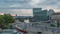 The Schwedenplatz is a square in central Vienna, located at the Danube Canal aerial day to night timelapse Royalty Free Stock Photo