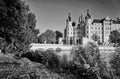 Schwerin castle in black and white with trees by the lake. Germany Royalty Free Stock Photo