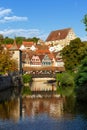 SchwÃÂ¤bisch Hall half-timbered houses from the middle ages town at river Kocher portrait format in Germany Royalty Free Stock Photo