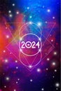 Sacred Geometry Astrological New Year 2024 Greeting Card or Calendar Cover on Cosmic Background