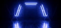 Sci Fi Alien Cyber Dark Stage Hallway Room Corridor Neon Blue Lights On Stands Glossy Concrete Floor Brick Stone Medieval Wall
