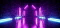 Sci Fi Alien Cyber Dark Stage Podium Hallway Room Corridor Neon Purple Blue Lights On Stands Glossy Concrete Floor Brick Stone