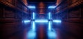 Sci Fi Alien Cyber Dark Stage Podium Hallway Room Corridor Neon Yellow Blue Lights On Stands Glossy Concrete Floor Brick Stone