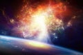 Sci-fi background - spiral galaxy and planet Earth Royalty Free Stock Photo