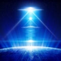 Sci-fi background - ufo with bright spotlights above planet Royalty Free Stock Photo