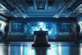 A sci-fi battle station 3D background featuring a metallic podium inside a high-tech command center