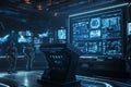 A sci-fi battle station 3D background featuring a metallic podium inside a high-tech command center