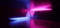 Sci Fi Blue Pink Purple Neon Futuristic Cyberpunk Glowing Retro Modern Vibrant Lights Laser Show Empty Stage Room Hall Reflective