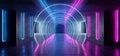 Sci Fi Cirlce Track Path Neon Cyber Futuristic Modern Retro Alien Dance Club Glowing Purple Pink Blue Lights In Dark Empty Grunge