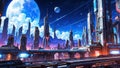 Sci-fi cityscape at night. Futuristic metropolis. AI generated illustration