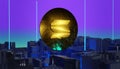 Sci-fi concept of cryptocurrency golden solana coin Royalty Free Stock Photo