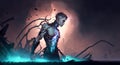 The sci-fi concept depicts a male cyborg recovering energy, illustration painting