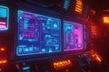 A sci-fi control panel background with holographic user interfaces, floating graphs, and blinking