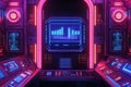 A sci-fi control panel background with holographic user interfaces, floating graphs, and blinking
