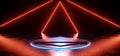 Sci Fi Cyber Empty Stage Podium Futuristic Neon Glowing Orange Blue Vibrant Electric Laser Lights On Tiled Stone Cement Asphalt