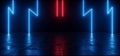 Sci Fi Cyber Futuristic Neon Glowing Red Blue Vibrant Electric Laser Lights On Tiled Stone Cement Asphalt Road Hangar Room Tunnel