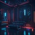 Sci Fi Cyberpunk Steampunk Synthwave Dark Neon Laser Glowing Lights Living Room Leather Sofa Room With Metal Pipes and Cables Royalty Free Stock Photo