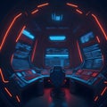 Sci Fi Cyberpunk Steampunk Synthwave Dark Neon Laser Glowing Lights Mothership Control Room Computer Monitors Generative Ai