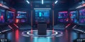 A sci-fi 3D background with a sleek metallic podium inside a high-tech control room. Holographic