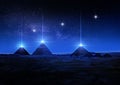 Sci-fi 3D rendering or illustration of Egyptian pyramids at night shooting light rays from the tips