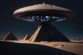Sci-fi 3D Render of landing alien UFO on Egyptian Pyramids in Desert