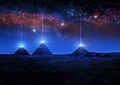 Sci-fi 3D rendering or illustration of Egyptian pyramids at night shooting light rays from the tips