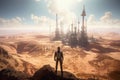 Sci-Fi Dream: Man surveys expansive oil field on a mountaintop amid futuristic scenery