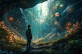 Sci-fi Dreamscape: Woman Contemplates Glowing Forest and Futuristic Shapes in Ultra Realistic Photography