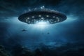 UFO in bottom of the ocean and swimming underwater. Generative AI