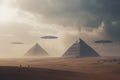 UFO above pyramids in desert during day time. Generative AI Royalty Free Stock Photo