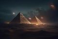 UFO above pyramids in desert during night time. Generative AI Royalty Free Stock Photo